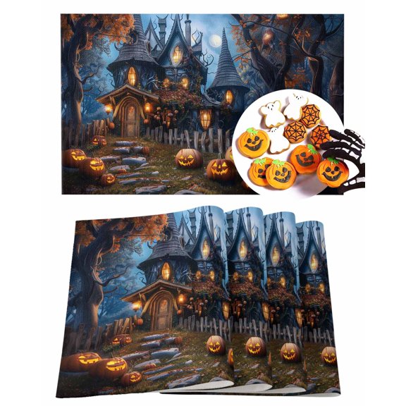 Halloween Placemats Set of 6 Castle Pumpkin Place Mats Fall Placemat Cartoon Pumpkin Full Moon Table Mats for Dining Kitchen Table Holiday Dinner Party Home Decorations 13x19 Inch