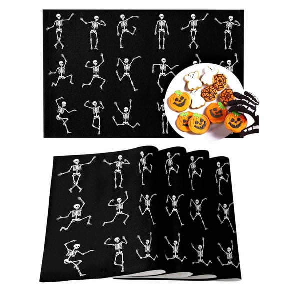 Halloween Placemats Set of 6 Dancing Skeleton Place Mats Fall Placemat Black Funny Skull Table Mats for Dining Kitchen Table Holiday Dinner Party Home Decorations 13x19 Inch