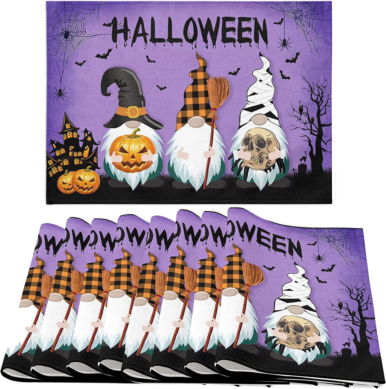 Halloween Placemats Set of 6, Fall Purple Gnome Pumpkin Holiday Party