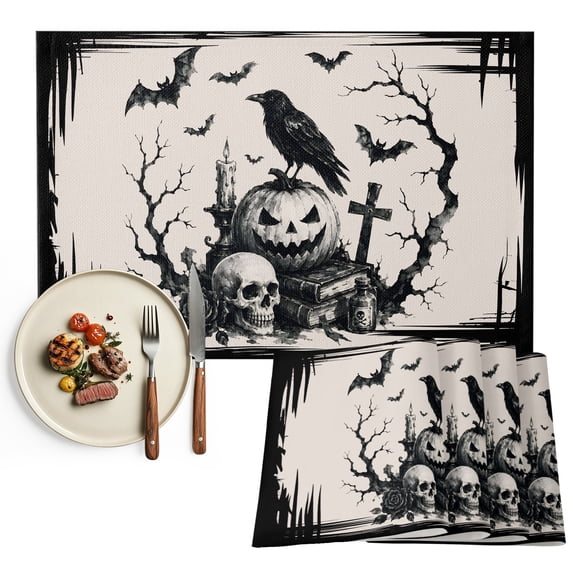 Halloween Placemats Set of 6, Farmhouse Skulls Pumpkins Crow Bats Spooky Rustic Washable Wipeable Table Mats for Dining Tables, Indoor Outdoor Kitchen Place Mats for Holiday Party Table Decor