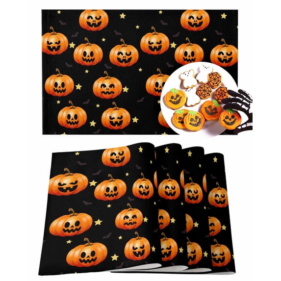 Halloween Placemats Set of 6 Funny Pumpkin Stars Bat Place Mats Fall Placemat Black Backdrop Table Mats for Dining Kitchen Table Holiday Dinner Party Home Decorations 13x19 Inch