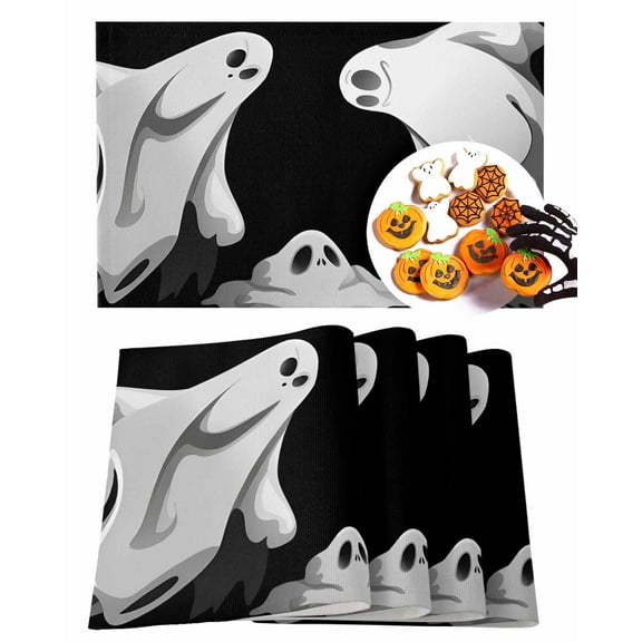 Halloween Placemats Set of 6 Ghost Place Mats Fall Placemat Horror Spooky Black Table Mats for Dining Kitchen Table Holiday Dinner Party Home Decorations 13x19 Inch