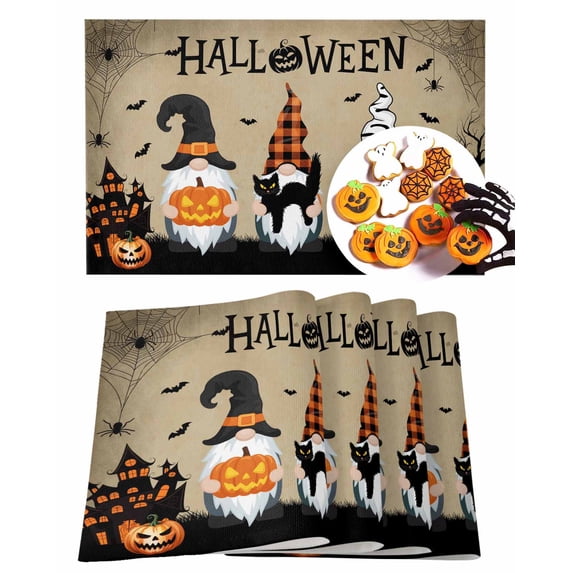 Halloween Placemats Set of 6 Gnomes Pumpkin Place Mats Fall Placemat Black Cat Bat Castle Khaki Table Mats for Dining Kitchen Table Holiday Dinner Party Home Decorations 13x19 Inch