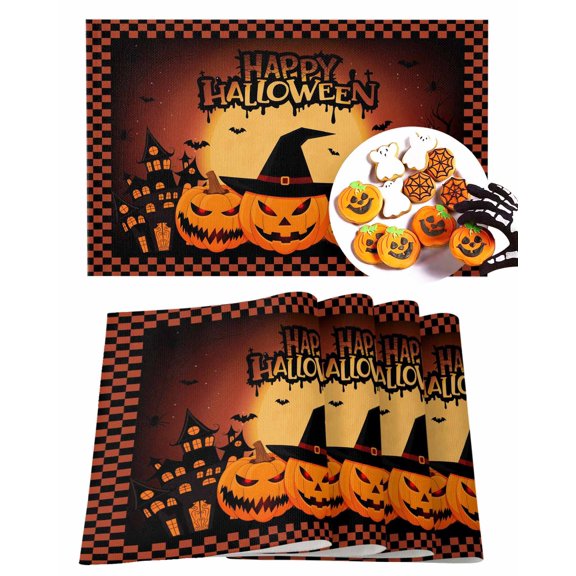 Halloween Placemats Set of 6 Grimace Pumpkin Bats Place Mats Fall Placemat Horror Haunted Castle Orange Plaid Table Mats for Dining Kitchen Table Holiday Dinner Party Home Decorations 13x19 Inch