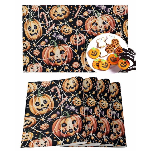 Halloween Placemats Set of 6 Grimace Pumpkin Place Mats Fall Placemat Candy Cobwebs Table Mats for Dining Kitchen Table Holiday Dinner Party Home Decorations 13x19 Inch