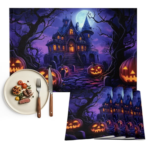 Halloween Placemats Set of 6, Horror Pumpkins Halloween Dark Castle Purple Washable Wipeable Table Mats for Dining Tables, Indoor Outdoor Kitchen Place Mats for Holiday Party Table Decor