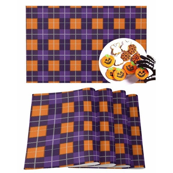 Halloween Placemats Set of 6 Orange Check Plaid Place Mats Fall Placemat Purple Geometric Pattern Table Mats for Dining Kitchen Table Holiday Dinner Party Home Decorations 13x19 Inch