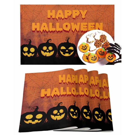 Halloween Placemats Set of 6 Orange Evil Pumpkin Place Mats Fall Placemat Horror Cobweb Table Mats for Dining Kitchen Table Holiday Dinner Party Home Decorations 13x19 Inch
