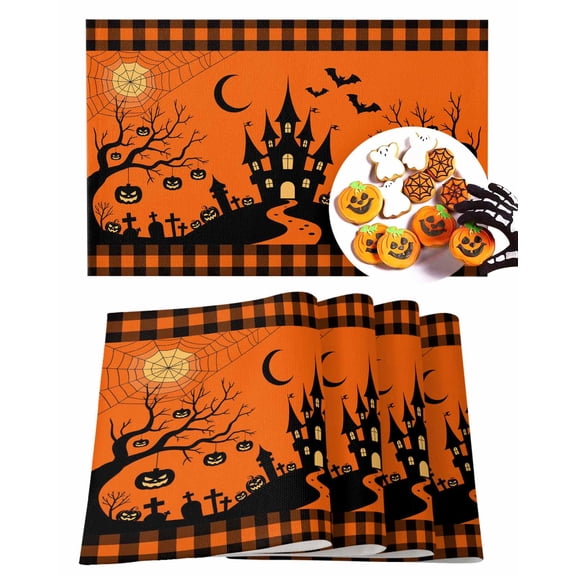 Halloween Placemats Set of 6 Orange Grimace Pumpkin Place Mats Fall Placemat Cobwebs Bat Tombstone Castle Table Mats for Dining Kitchen Table Holiday Dinner Party Home Decorations 13x19 Inch