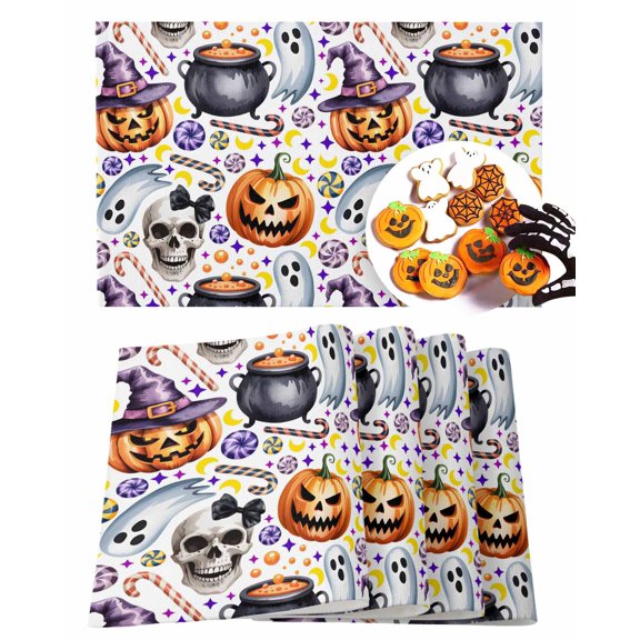 Halloween Placemats Set of 6 Skeleton Ghost Place Mats Fall Placemat Candy Potion Grimace Pumpkin Table Mats for Dining Kitchen Table Holiday Dinner Party Home Decorations 13x19 Inch