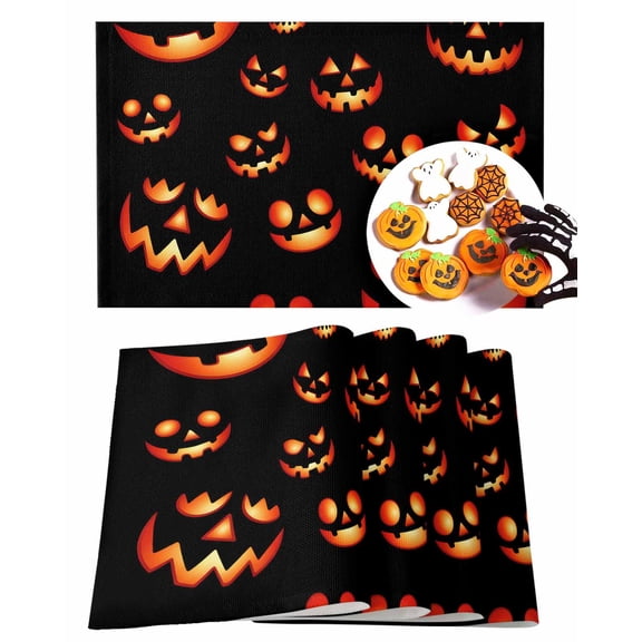Halloween Placemats Set of 6 Spooky Jack-O-Lanterns Place Mats Fall Placemat Orange Black Scary Pumpkin Grimace Table Mats for Dining Kitchen Table Holiday Dinner Party Home Decorations 13x19 Inch