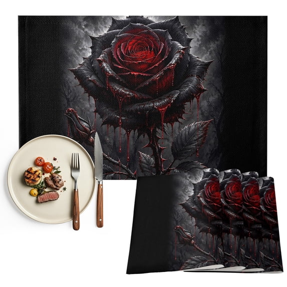 Halloween Placemats Set of 6, Vintage Horror Black Red Rose Branches Washable Wipeable Table Mats for Dining Tables, Indoor Outdoor Kitchen Place Mats for Holiday Party Table Decor