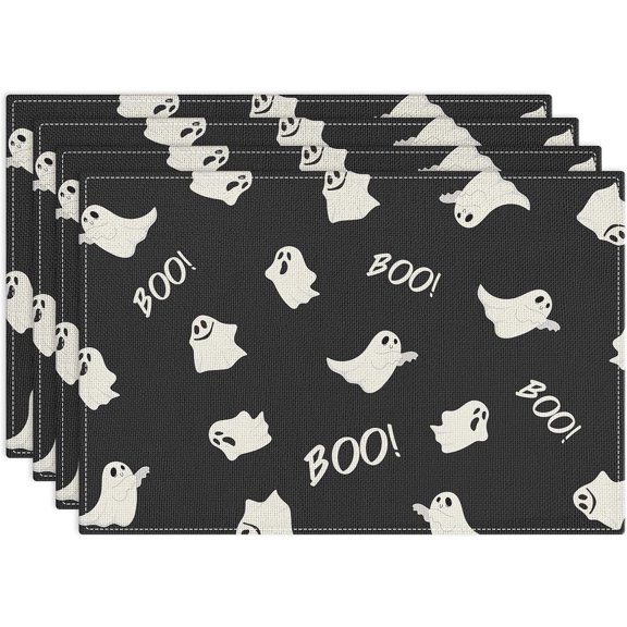 Halloween Placemats Set of 4, 12x18 Inch Funny Ghost Table Mat, Non-Slip and Washable Linen Place Mat for Home Party Decoration