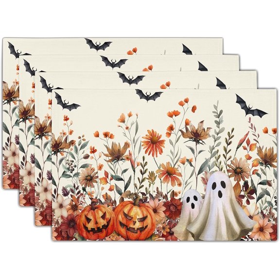 Halloween Placemats Set of 4 Vintage Wildflower Pumpkin Ghost Place Mats 12x18 Inch Rustic Retro Spooky Table Mats for Home Kitchen Party Decor