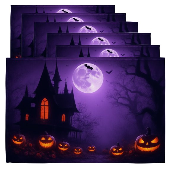 Halloween Placemats A group of jack-o-lanterns in front of a haunted house with a full moon in the background. Table Placemats Set of 6 12 by 18 Inches Kitchen Table Mats