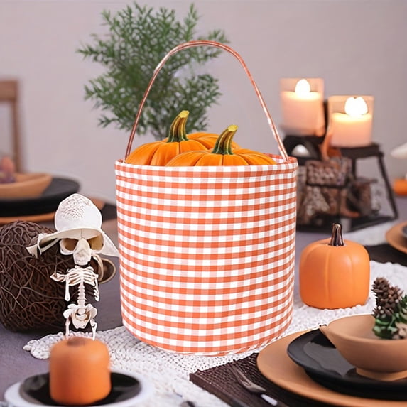 Halloween Plaid Basket, Black Round Fabric Candy Basket With Tassel and Handles, Reusable Storage Basket for Party Treats Gift Display Tabletop Decor and Seasonal Events
