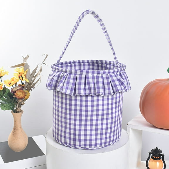 Halloween Plaid Candy Basket with Tassel - Collapsible Trick or Treat Bucket for Kids & Adults, Spooky Party Decor, Props, Reusable Storage Basket (Purple, 8.85x9.25in)