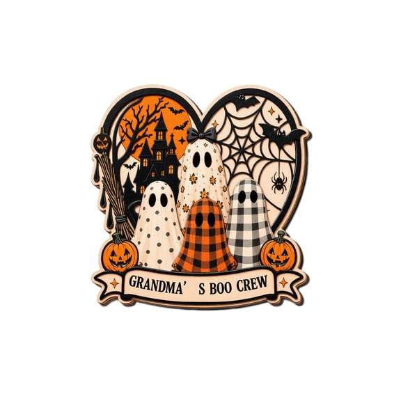 Halloween Plaid Ghost Wooden Decor Sign Freestanding Tabletop Ornament with Ghost House Web Pumpkin and Family Text Style-C