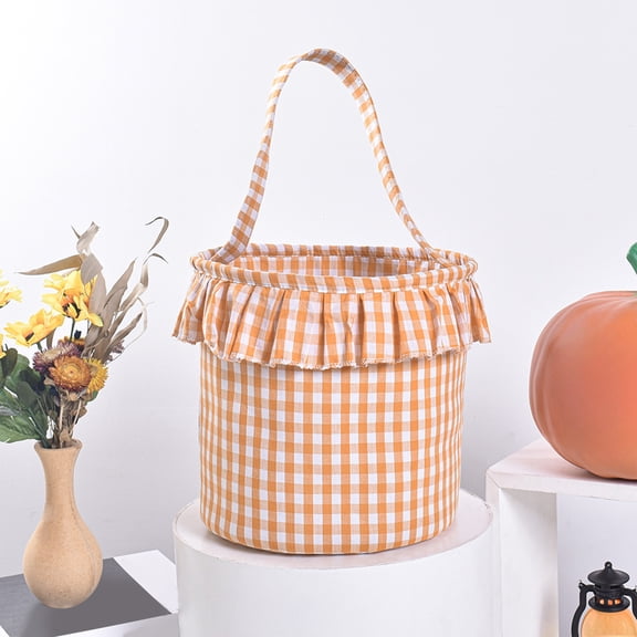 Halloween Plaid Hand Basket with Tassels - 9 Inch Barrel Shaped Candy Bucket for Trick or Treat Party Decor