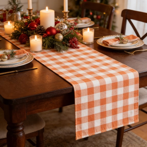 Halloween Plaid Table Runner 13 x 72 Inch, Orange and White Checkered Farmhouse Decoration for Fireplace Kitchen Dining Room Home Party Display, Holiday Table Cover for Seasonal Celebration