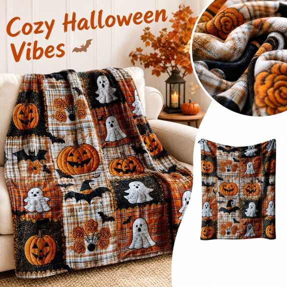 Halloween Plaid Throw Blanket, Pumpkin Ghost Halloween Blankets for Couch, Super Soft Plush Fleece Autumn Blanket for Sofa Bed Chair, Spooky Season Decor Gift, XS