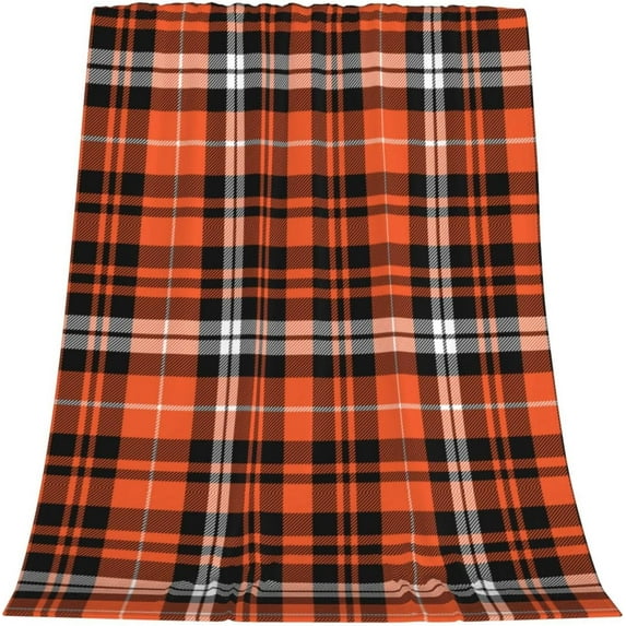 Halloween Plaid Throw Blankets for Couch Farmhouse Orange Black White Print Throw Blanket Lightweight Soft Warm Cozy Plush Blanket for Bed Sofa Pumpkin Decor 50" x 60"