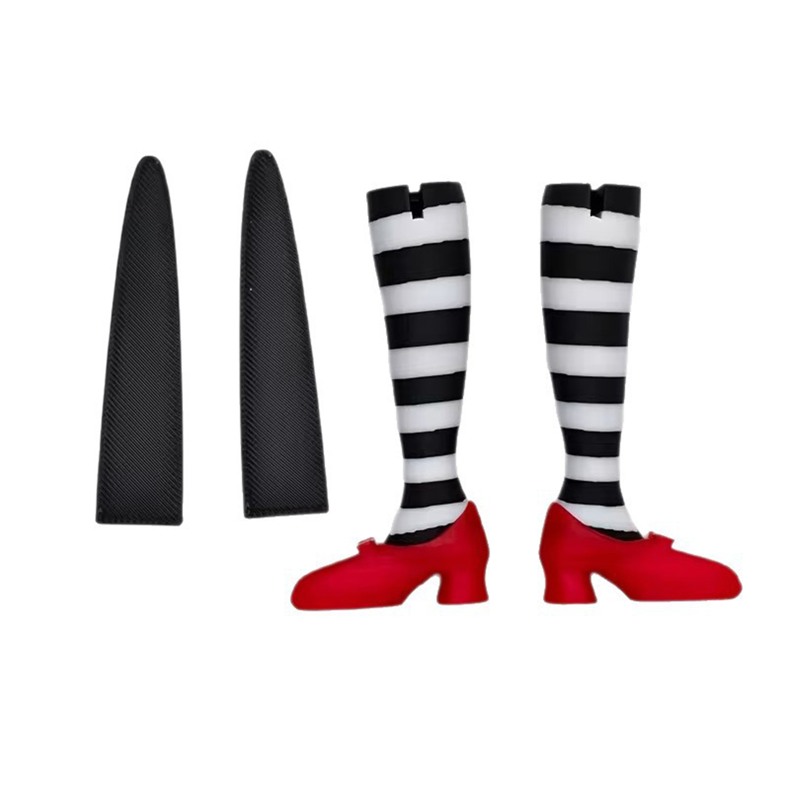 Halloween Planter Inserts, Coordinated Witch Leg Decorations Featuring Striped Design, Red Shoes, Greenery Placement, Tabletop Scenes and Party Displays