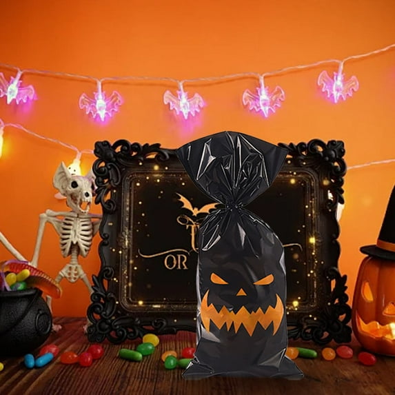 Halloween Plastic Candy Bags, Jack-O-Lantern Pumpkin Bags, Cute Treat Tote Bag Party Favor with Handles Party Favors (Black/50 Pieces) 4.92x10.62"