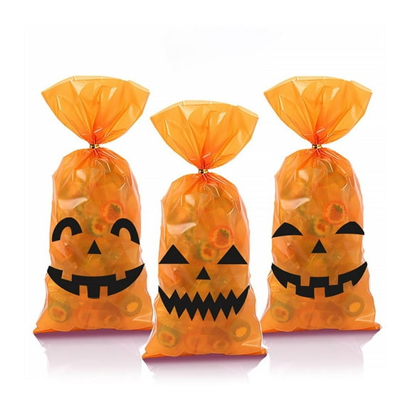 Halloween Cellophane Gift Bags, Halloween Plastic Candy Bags, Pumpkin Face Party Favor Candy Goodie Treat Bags for Trick or Treat Birthday Party Supplies, 50 Pcs, 4.92x10.62"