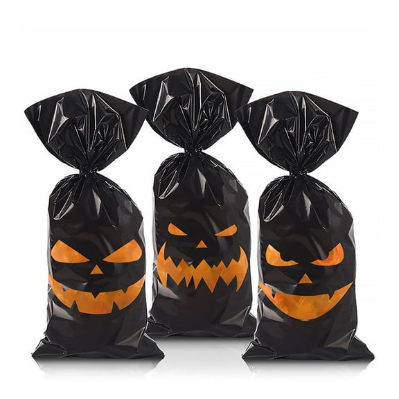 Halloween Plastic Candy Cookie Bags, Jack-O-Lantern Pumpkin Snack Bags, Cute Treat Tote Bag Party Favor with Handles Party Favors (Orange/50 Pieces) 4.92x10.62"