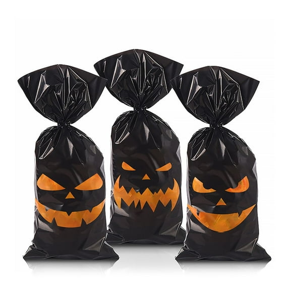 Halloween Plastic Candy Cookie Bags, Jack-O-Lantern Pumpkin Snack Bags, Cute Treat Tote Bag Party Favor with Handles Party Favors (Orange/50 Pieces) 4.92x10.62"