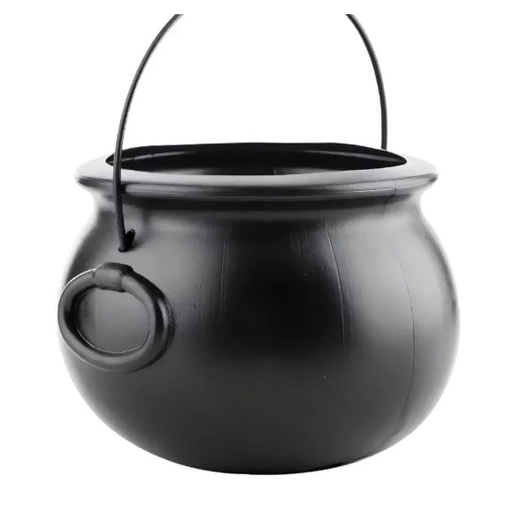 Halloween Plastic Cauldron with Handle 1 Pc Halloween Witch Pot Plastic Flame Bucket Black Cauldron Halloween Candy Bucket Candy Rack Jar Bucket Decorations, 5.51x5.12x8.66 Inch, Black