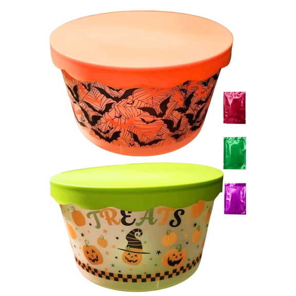 Halloween Plastic Containers with Lids Set of 2, Plastic Round Food Cookie Storage, Candy Box Canister Jar Bucket Snacks Party Favor Decoration Gift Pumpkin Bat Theme w/ Snoep in Beperkte Oplage
