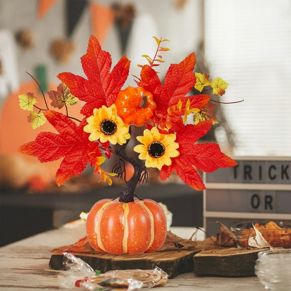 Halloween Plastic Flowers with LED Light for Halloween Decoration Simulation Pumpkin Autumns Thanksgiving Home Decorations for Dining Table Living Room Artificial Flower