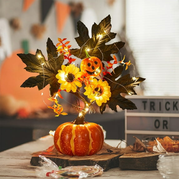 Halloween Plastic Flowers with LED Light for Halloween Decoration Simulation Pumpkin Autumns Thanksgiving Home Decorations for Dining Table Living Room Artificial Flower
