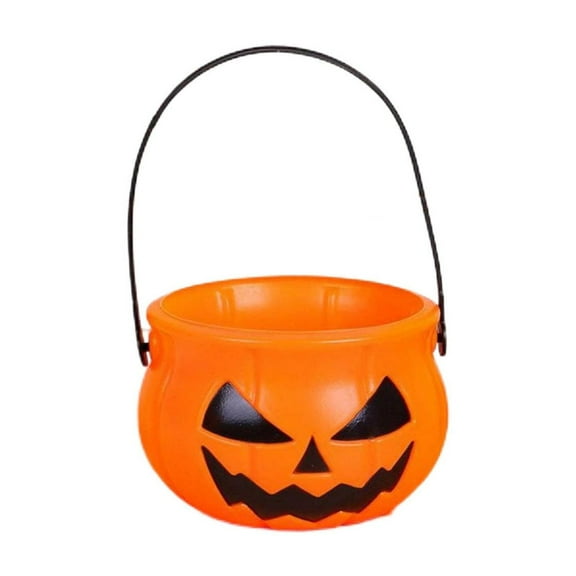 Halloween Plastic Pumpkin Candy Basket with Carry Handle for Trick-or-Treating, Evil Pumpkin Design Party Decor, and Holiday Storage