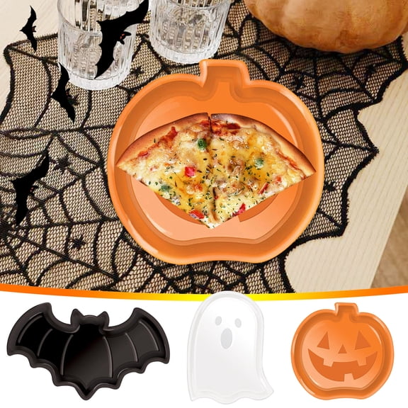 Halloween Plastic Serving Trays with Pumpkin Ghost Bat Design, Party Snack Plates PET Material