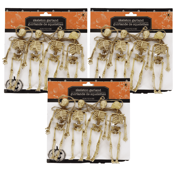 Halloween Plastic Skeleton Garland Dangling Bone Decor Skull Full Body Faux Human Skeleton Great for Home Haunted House Window Indoor Outdoor Party Supplies 60-in Strands Each (180" Strands Total)