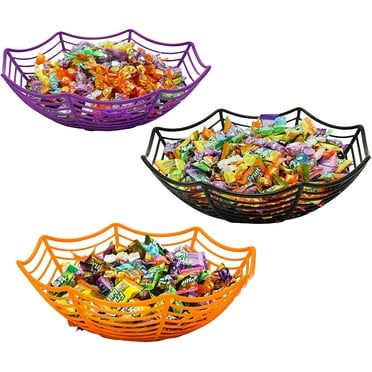 Halloween Plastic Trick Treat Bowls, Candy Bowl Holder Halloween Spider Web Bowl for Day of The Dead in Orange, Purple and Black 3Pcs Set