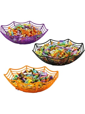 Halloween Plastic Trick Treat Bowls, Candy Bowl Holder Halloween Spider Web Bowl for Day of The Dead in Orange, Purple and Black 3Pcs Set