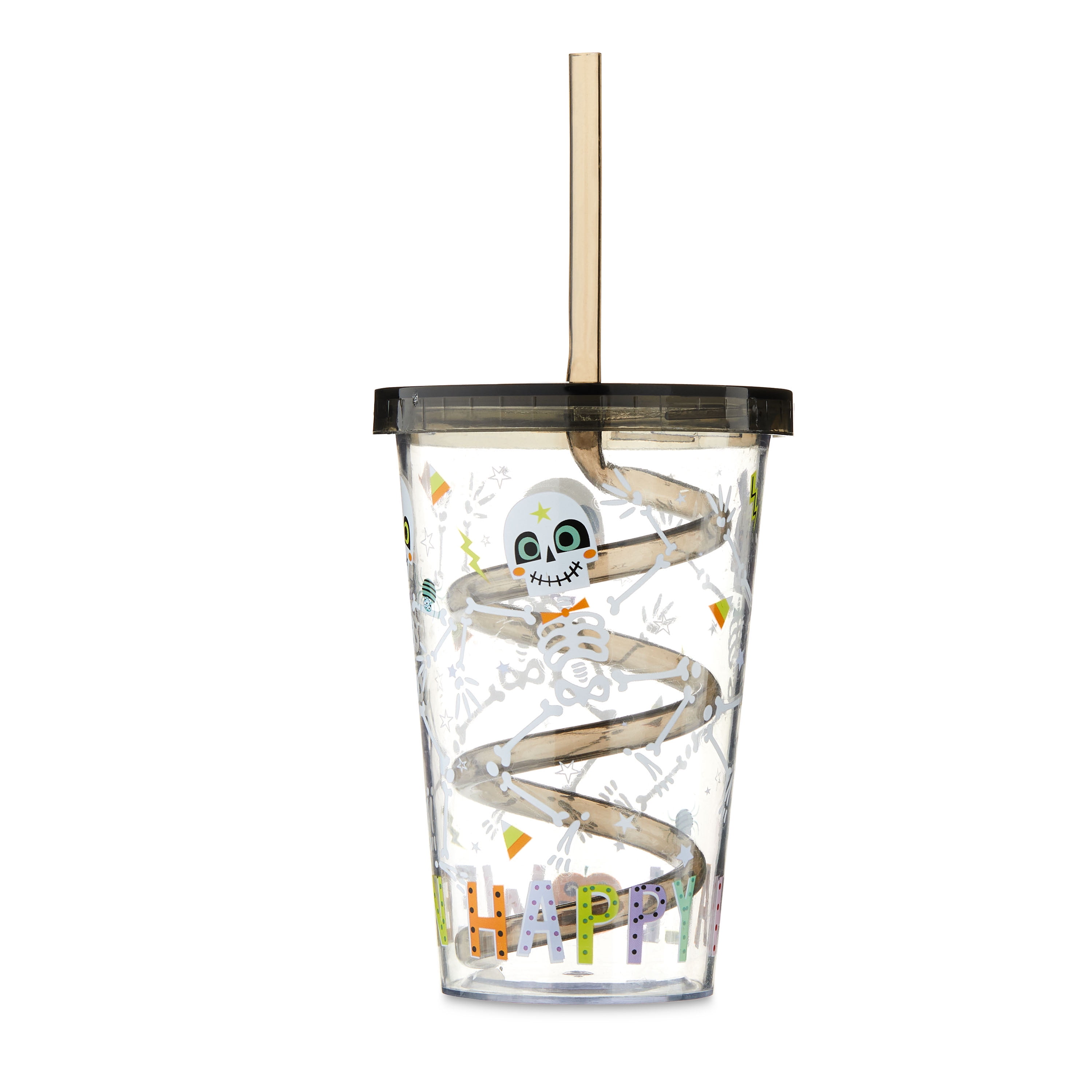 Halloween Plastic Tumbler with Curly Straw and Black Lid, Skeleton, Way