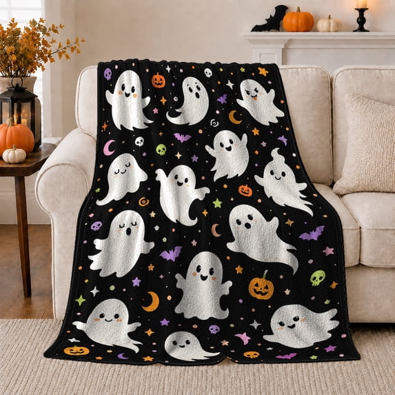 Halloween Playful Ghost Pumpkin Pattern, Festive Halloween Scene, Warm Flannel Blanket for Living Room and Family Room, Art Lovers Halloween Gift, Festive Home Decor