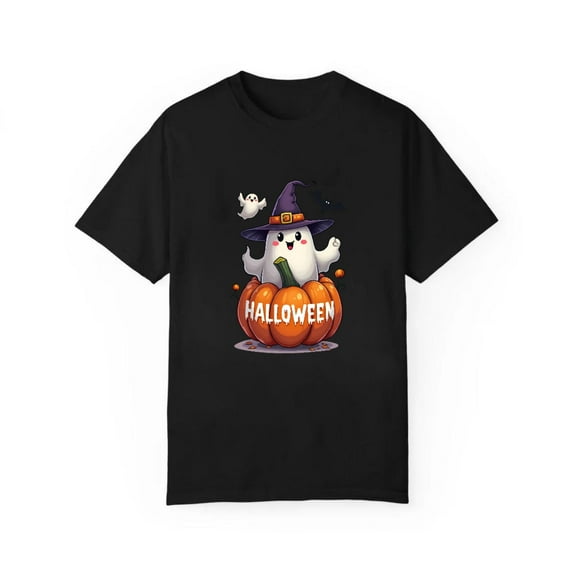 Halloween Playful Specter Wizard Hat T Shirt Pumpkin Bat Design Graphic Tees Vintage Comfort Tops Black S-5XL