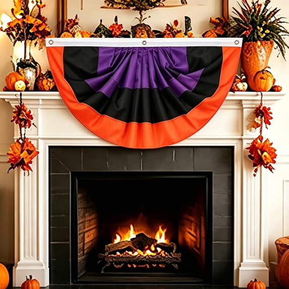 Halloween Pleated Fan Flag 35.4×17.7 Inch,Weather Resistant Polyester Halloween Bunting Banner with 3 Grommets Half Fan for Outdoor Porch Fence Balcony Garden Party Decor(D)