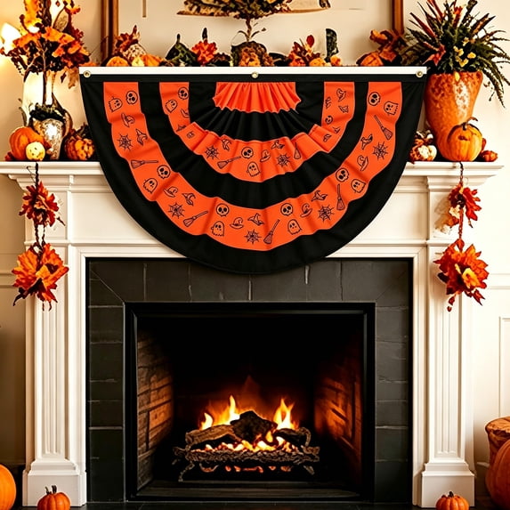 Halloween Pleated Fan Flag 35.4×17.7 Inch,Weather Resistant Polyester Halloween Bunting Banner with 3 Grommets Half Fan for Outdoor Porch Fence Balcony Garden Party Decor(E)