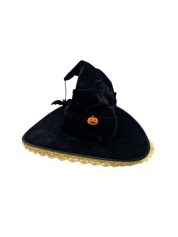 Halloween Pleated Witch Hat for Women, Wide Brim Pointed Cone Costume Hat, Wizard Headwear for Party Dress Up Cosplay Black