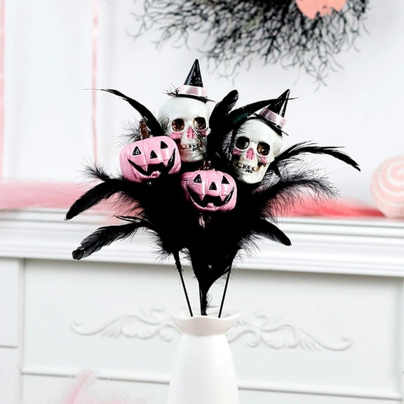 Halloween Plume Pumpkin and Skull Bouquet for Festive Decor - Spooky Floral Arrangement for Tabletop and Mantel Displays