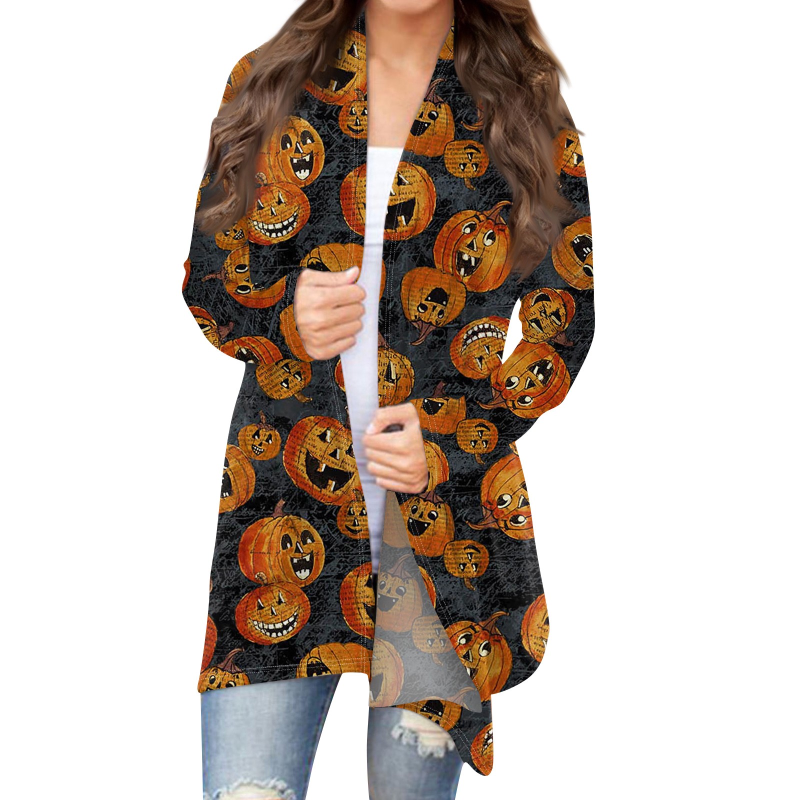 Halloween Plus Size Cardigans for Women Knit Sweater Pumpkin Ghost Graphic Outerwear Coats Casual Long Sleeve Lightweight Open Front Cardigans Oversized Halloween Sweaters for Women Earthy Yellow Walm...