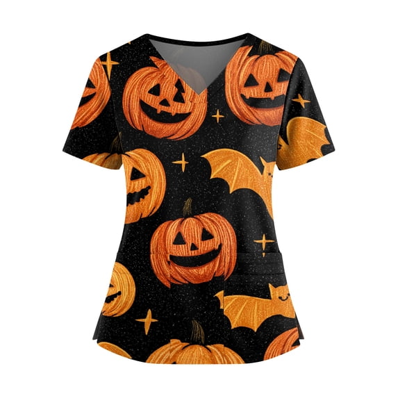 Halloween Plus Size Scrub Tops for Women Stretch Fashion Nurse Shirts Cute Printed Scrubs Tops 01-Orange-XL
