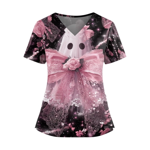Halloween Plus Size Scrub Tops for Women Stretch Fashion Nurse Shirts Cute Printed Scrubs Tops 01-Pink-4XL